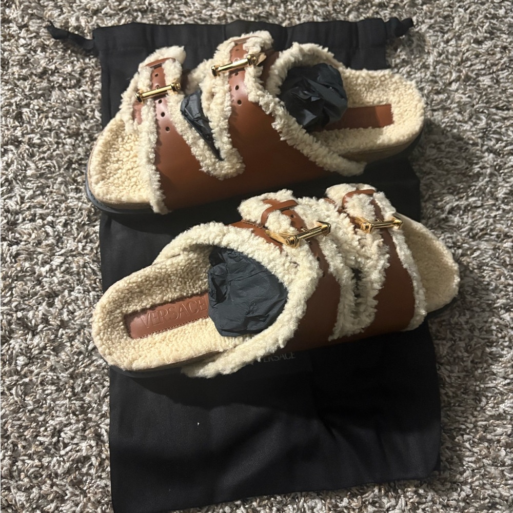 Versace Tan and Cream Shearling Sandals Gold Buckle EU 44/US 11